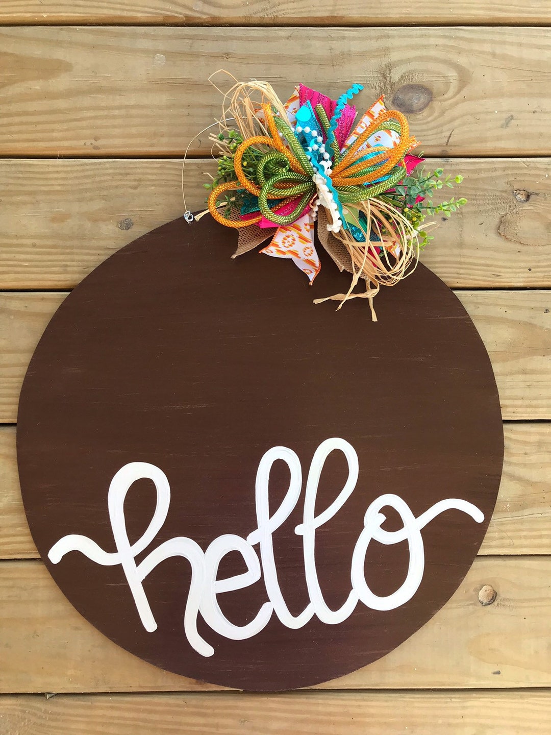 Round Door Hanger, Hello, Farmhouse, Rustic, Simplistic, Distressed ...