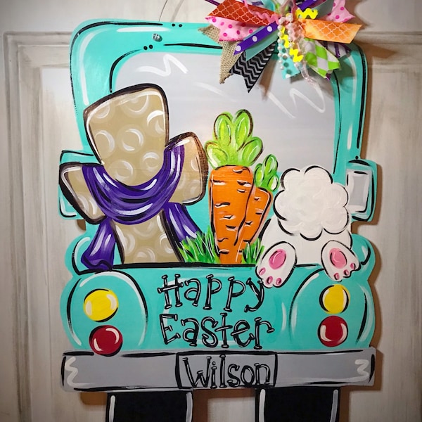 EASTER DOOR HANGER - Spring - bunny - carrots - cross - lent - truck - teal