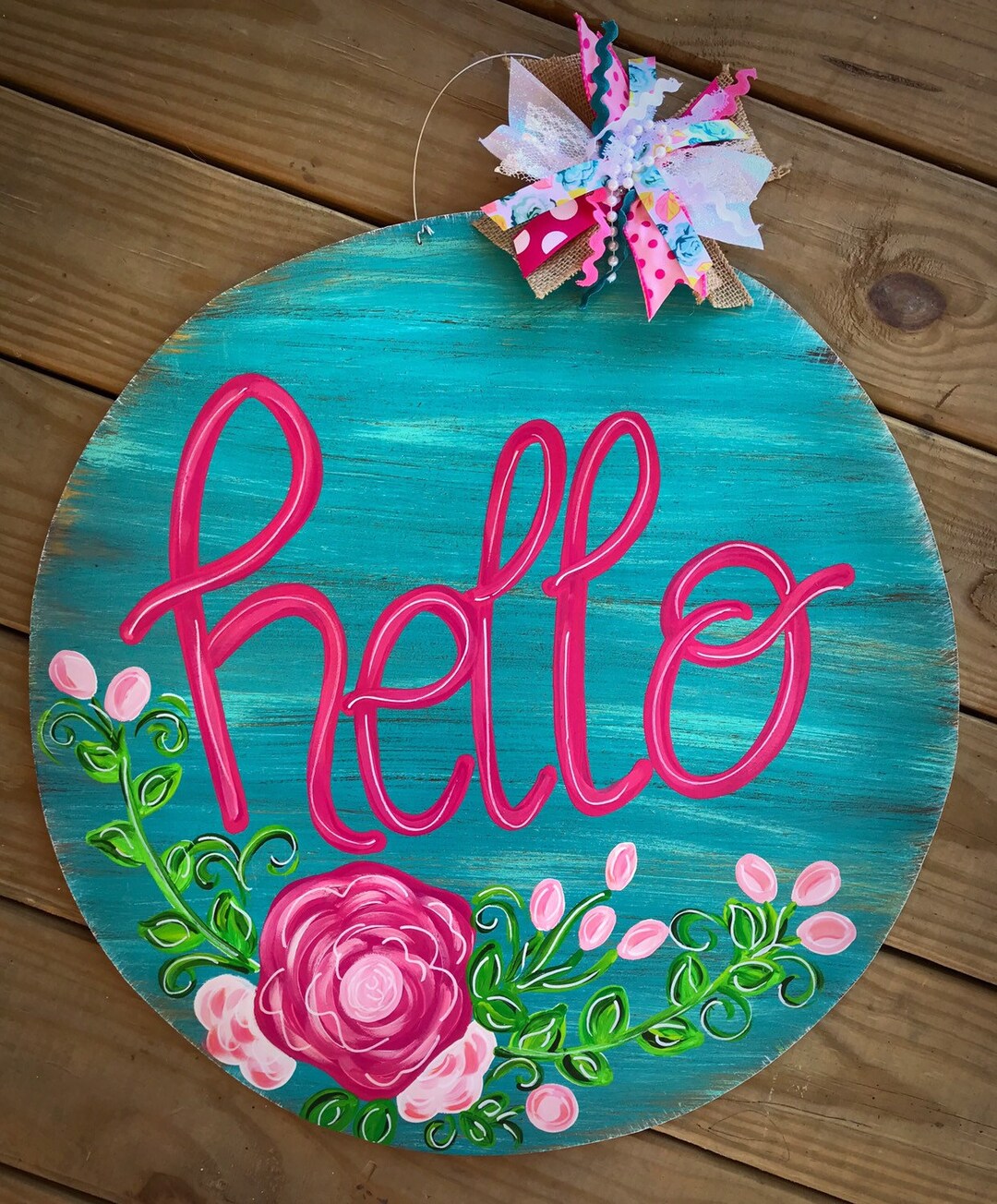 Floral Hello Door Hanger Round Hello Floral Summerporch Etsy