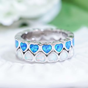 Sterling Silver Heart Opal Ring: Blue & White Stacking Band