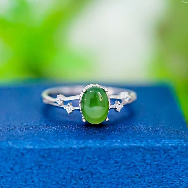 Natural Green Jade Ring | Dainty Nephrite Jade Ring | Womens Jade Jewelry | Vintage Lucky Green Nephrite Jade | Gift For Her | Free Ship