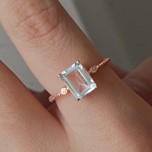 Emerald Cut Blue Topaz Ring: Rose Gold Sterling Silver Promise Ring