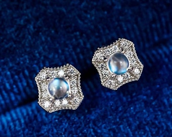 Moonstone Stud Earrings, Nature Moonstone Stud Earrings, 9K/14K/18K Solid White Gold Studs, Raw Moonstone, June Birthstone, Gift for Her