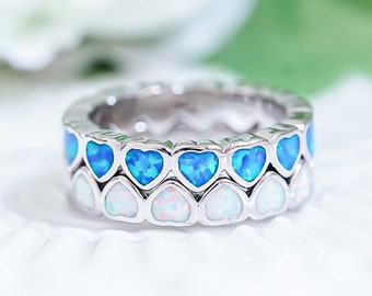 Blue Opal Band Ring, White Opal Ring, Heart Shaped Opal, Sterling Silver Opal Ring, Stacking Ring, Unique Rings For Women