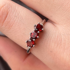 Sterling Silver Ring, Three Stones Ring, Three Garnets Ring For Women, January Birthstone Ring, Stacking Ring, Gift For Her