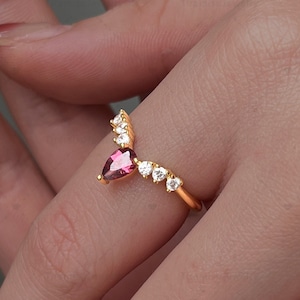 Gold Garnet Ring, Genuine Rhodolite Garnet Ring, Pear Stone Ring, Gold Stacking Ring, January Birthstone, Dainty Rings For Women