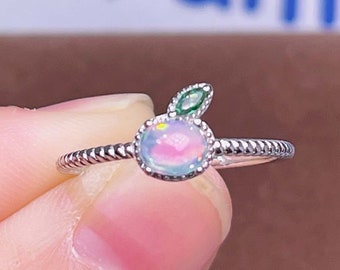 Rainbow Opal Ring | Handmade Real Opal | October Birthstone Ring | Sterling Silver Bezel Ring | Green Marquise CZ Diamond | Gift For Her