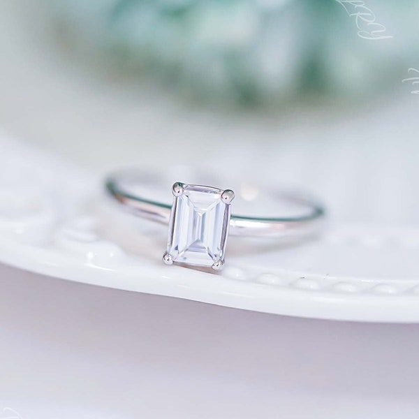 Dainty CZ Ring, Sterling Silver Ring, Emerald Cut Cubic Zirconia Ring, Emerald Cut CZ Engagement Ring, Wedding Ring, Women's Day Gift