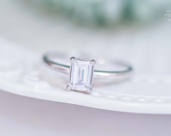 Dainty CZ Ring, Sterling Silver Ring, Emerald Cut Cubic Zirconia Ring, Emerald Cut CZ Engagement Ring, Wedding Ring, Women's Day Gift