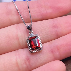 Natural Garnet Necklace, Sterling Silver Pendant Necklace, Genuine Garnet, Emerald Cut Garnet, January Birthstone, Necklaces For Women