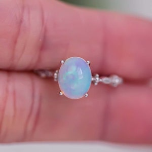 White Opal Ring, Genuine Opal Ring, Oval Opal Ring For Women, Sterling Silver, Rainbow Opal Ring, Opal Promise Ring, October Birthstone