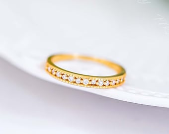 Dainty Gold Band, Sparkly CZ Band, Half Eternity Ring, Minimalist Ring, Gold Wedding Band Stacking Rings, Birthday, Mothers Day Gift