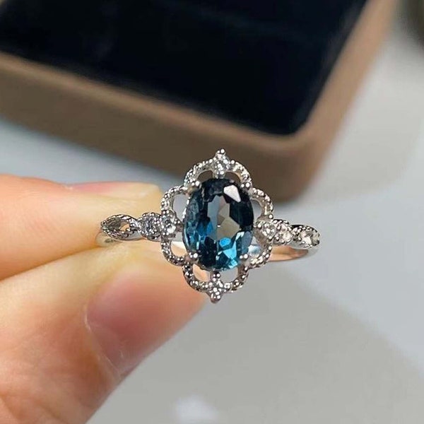 Natural London Blue Topaz Ring, 6x8mm Genuine Topaz, Sterling Silver Ring, Dainty Promise, Anniversary Ring for Women, Mother's Day Gift