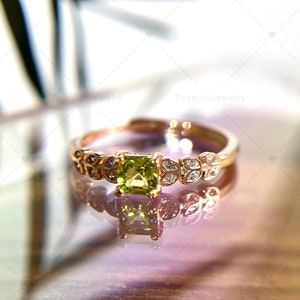 Rose Gold Peridot Ring: Asscher Cut, Sterling Silver, August Birthstone