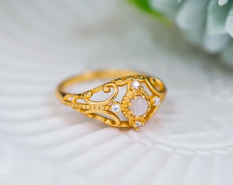 Handmade Gold Unique Ring, Vintage Ring Gold, CZ Diamond Gold Ring, Hollow Style Ring, Dainty Ring Gift For Her