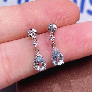 Genuine Aquamarine Earrings - Natural Pear Cut Aquamarine Gemstone Drop Earrings - Sterling Silver Handmade Earrings - March Birthstone