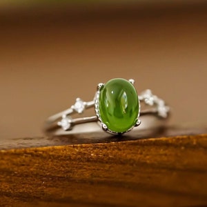 Natural Real Green Jade Ring, 9K/14K/18K Solid White Gold Ring, Moissanite Diamond Ring, Engagement Ring, Anniversary Gift For Her