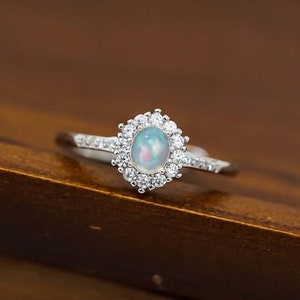 9K/14K/18K Solid White Gold Ring, Natural Opal Ring, Moissanite Diamond Halo Opal Ring, October Birthstone, Promise Ring, Rings for Women