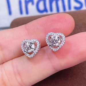 Moissanite Earrings | Heart Shaped Earrings | Silver Stud Earrings | Round Cut Moissanite | Diamond Moissanite | Gift for Her