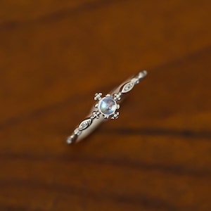 Natural Moonstone Ring, Solid Sterling Silver Tiny Ring, Genuine Moonstone Ring, 3mm Round Gemstone Ring, Stacking Ring, Gifts For Her