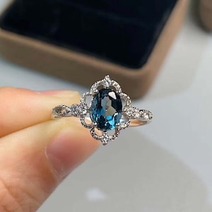 Natural London Blue Topaz Ring, 6x8mm Genuine Topaz, Sterling Silver Ring, Dainty Promise, Anniversary Ring for Women, Mother&#39;s Day Gift