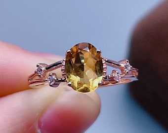 Natural Yellow Citrine Ring, Rose Gold Ring, Moissanite Diamond Citrine Ring, Statement Rings, November Birthstone Ring, Women's Ring