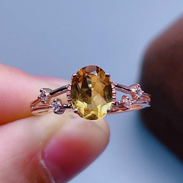 Natural Yellow Citrine Ring, Rose Gold Ring, Moissanite Diamond Citrine Ring, Statement Rings, November Birthstone Ring, Women's Ring