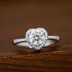 Moissanite Heart Ring: Sterling Silver Halo, Gold/Rose Gold Options