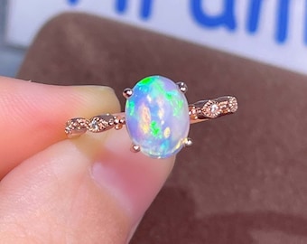 Handmade Fire Opal Ring 18K Rose Gold Color Band Ring Genuine Rainbow Opal Stone October Birthstone Raw Opal Ring Gemstone Ring