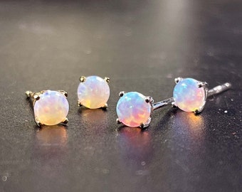 925 Sterling Silver Fire Opal Earrings, October Birthstone Jewelry, Round Fire Opal Studs Earrings, Tiny Opal Jewelry, Gift for Her