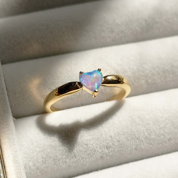 Dainty Opal Ring, White Opal Ring Sterling Silver, Heart Shape Lab Opal Ring Jewelry, Solitaire Ring, Stacking Ring, Unique Gift for Her