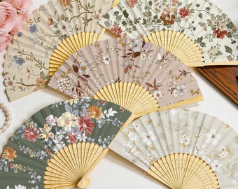 Vintage Floral Print Paper Fans, Bride Bridesmaid Handheld Flower Fan, Wedding & Bridal Shower Favors