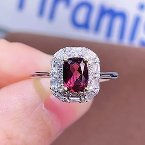 Rhodolith Granat Ring: Sterling Silber, Diamant Halo, Januar Geburtsstein