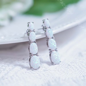 Handmade White Opal Dangle Earrings: Elegant October Birthday Gift