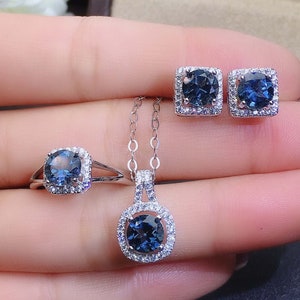 Genuine London Blue Topaz Jewelry Set, Solid Sterling Silver Jewelry, Natural Round Topaz Gemsonte Ring Necklace Earrings Women Jewelry Set