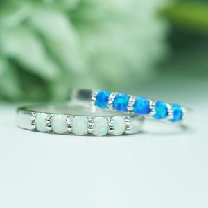 Dainty White Opal Ring, 925 Sterling Silver Opal Ring, Silver Stacking Rings, October Birthstone Ring, Blue Opal Ring Jewelry