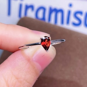 Pear Garnet Ring, 925 Sterling Silver Thin Band Ring, Natural Garnet Jewelry, Simple Ring, January Birthstone Ring, Customize Ring