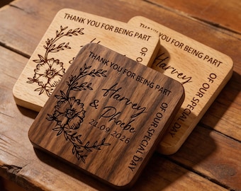 Custom Laser Engraved Walnut Beech Coaster, Bulk Wedding Drink Coasters, Thank You Wedding Favors