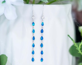 Dainty Blue Opal Earring, Long Dangle Earrings, Fire Opal Earring, 925 Sterling Silver Earring, Gift for Birthday, Anniversary, Girlfriends