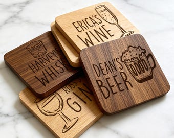 Custom Name Engraved Wooden Coaster, Drink Wood Coaster, Wine Lovers Gift, Cocktail Party Favors