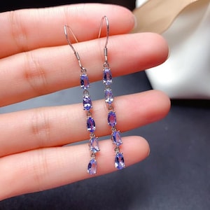 Boucles d&#39;oreilles pendantes en tanzanite naturelle : argent sterling, or ou or rose