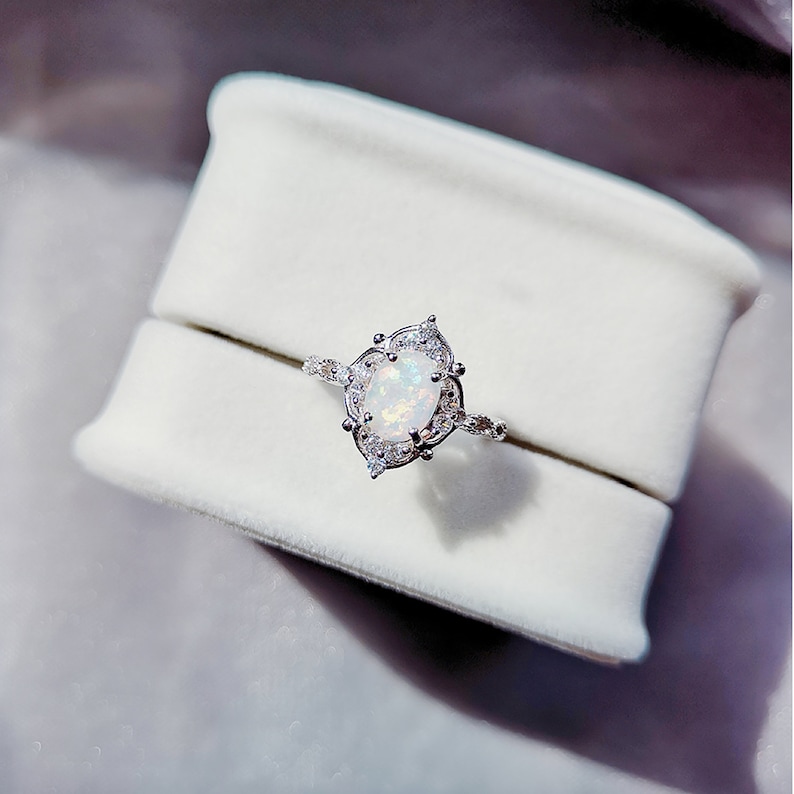 Sterling Silver Opal Ring,White Opal Ring,October Birthstone Ring,Vintage Palace Adjustable Halo CZ Ring