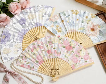 Personalized Floral Wedding Folding Paper Fan, Custom Engraved Initials Bridal Party Favor, Bridesmaid Gift