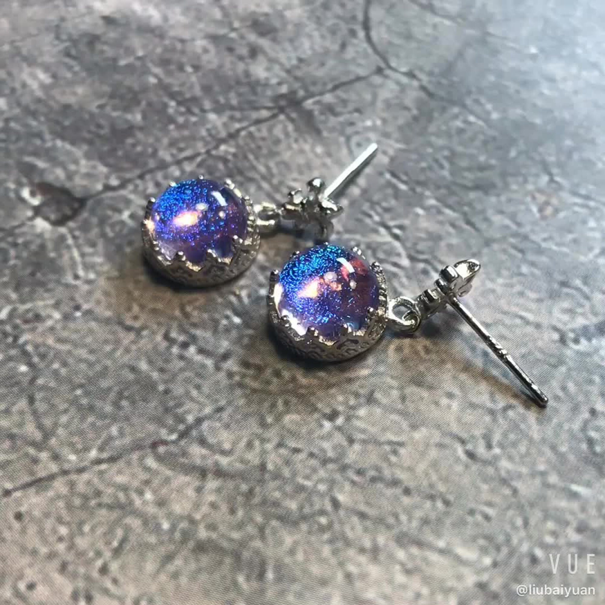 Art Glass Blue Stone Round Earrings Dangle Silver Drop Etsy