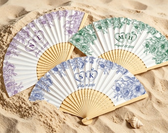 Personalized Couples Initial Wedding Fan, Floral Print Handheld Fans, Favors for Wedding & Bridal Shower