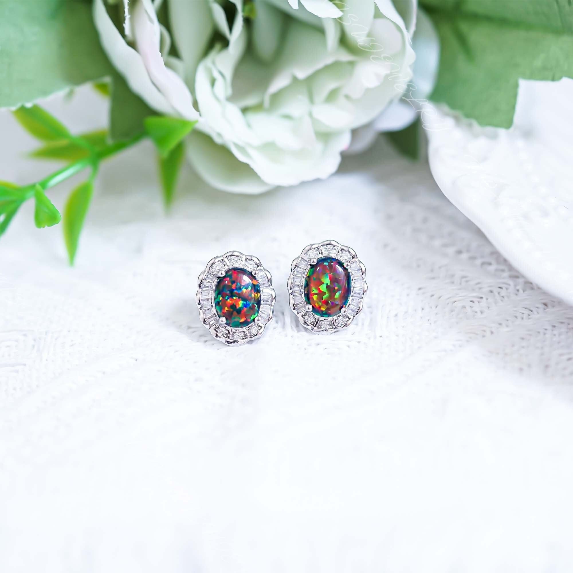 Black Opal Earrings, Sterling Silver Studs, Black Opal Earrings, Dainty Stud Earrings, Oval Black Opal Earrings For Women