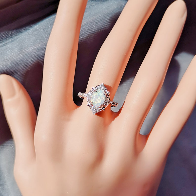 Sterling Silver Opal Ring,White Opal Ring,October Birthstone Ring,Vintage Palace Adjustable Halo CZ Ring
