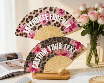 Leopard Hibiscus Print Custom Text Hand Fans, Personalized Folding Paper Fan, Festival & Party Decor