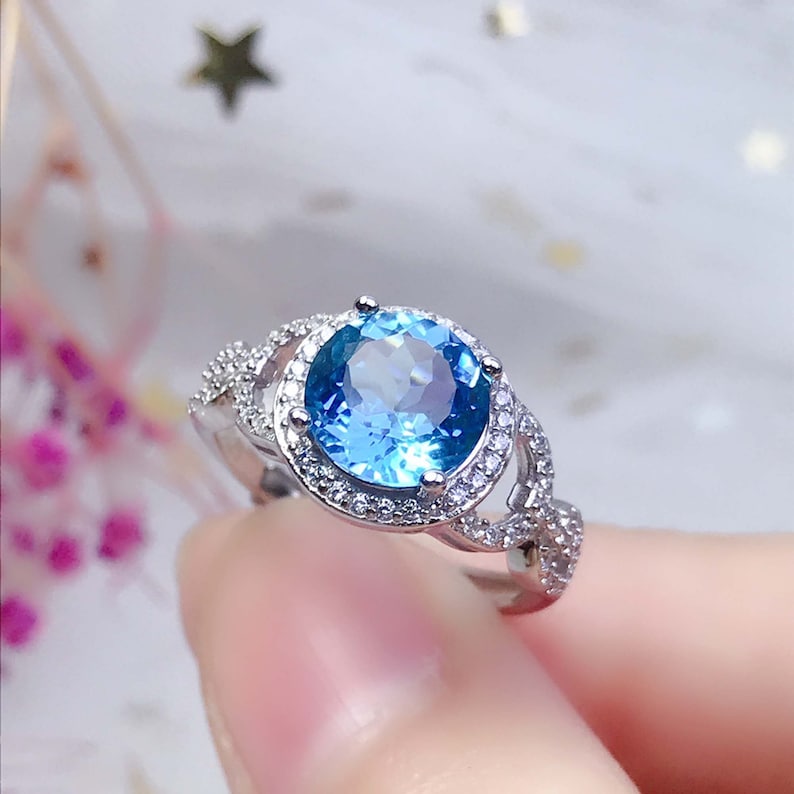 Topaz Ring Women Topaz Jewelry Natural Swiss Blue Topaz Gemstone Ring Rose Gold Ring Sterling Silver Ring 8*8mm Round Cut Blue Gemstone