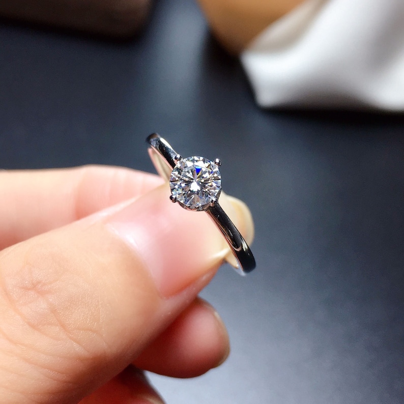 Brilliant Round Cut Solitaire Moissanite Stacking Ring Simulated Diamond Anniversary Ring Gift for Her Solid 18K White Gold Band